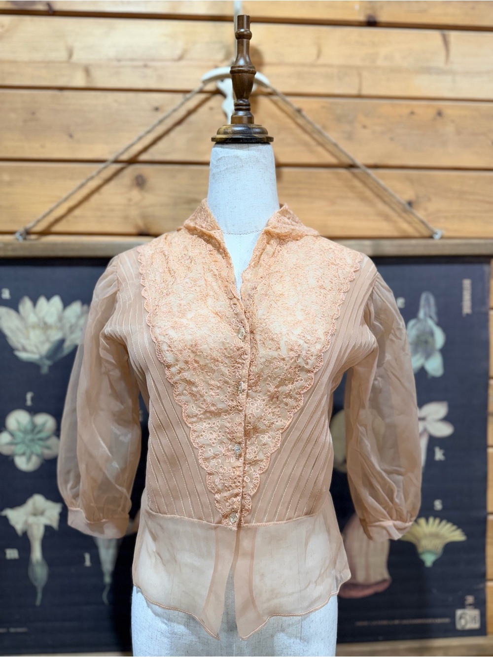 Vintage Victorian Edwardian Revival Sheer Lace Blouse Bridal Small Nude